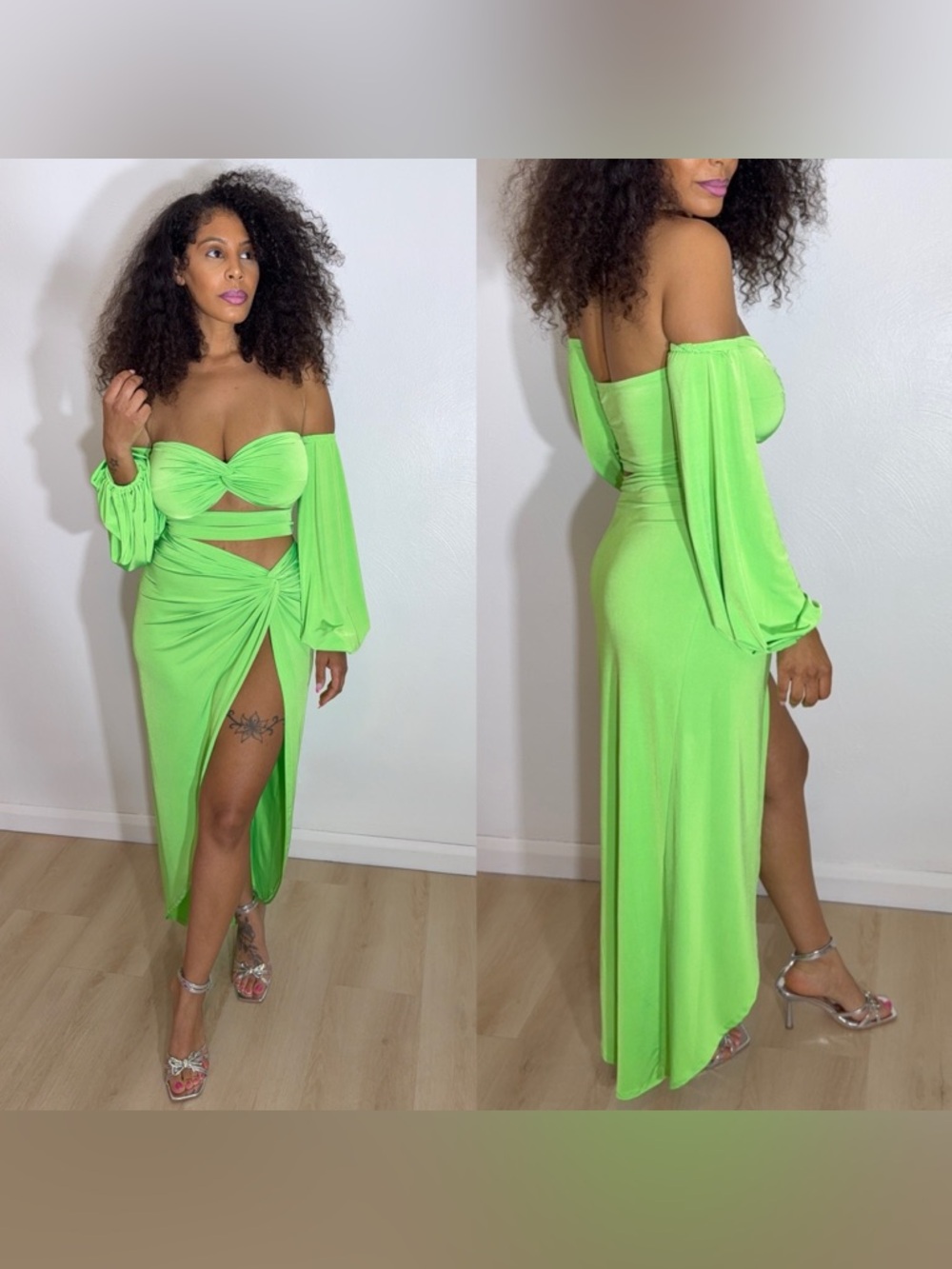 Neon Lime Two-Piece Off-Shoulder Maxi Set